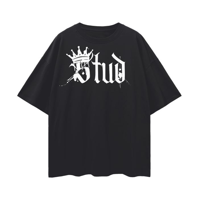 Stud Spray Paint with a Crown Graphic Tee Black Lesbian Pride Intersectionality on front of Black Oversize Deep Drop Shoulder Tee - 190 GSM