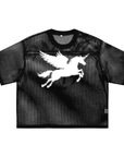Flying Unicorn Pixelated Bold Print on front of Black See-through Boxy Net T-Shirt See-through Boxy Net T-Shirt
