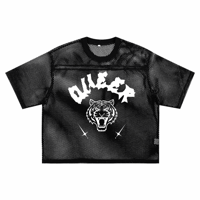 Queer Pride Punk Tattoo Inspired Design on front of Black See-through Boxy Net T-shirt See-through Boxy Net T-Shirt