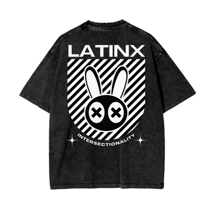 Latinx Intersectional Pride Tee Streetwear Fashion Black Acid Wash Oversize T-Shirt - 250 GSM