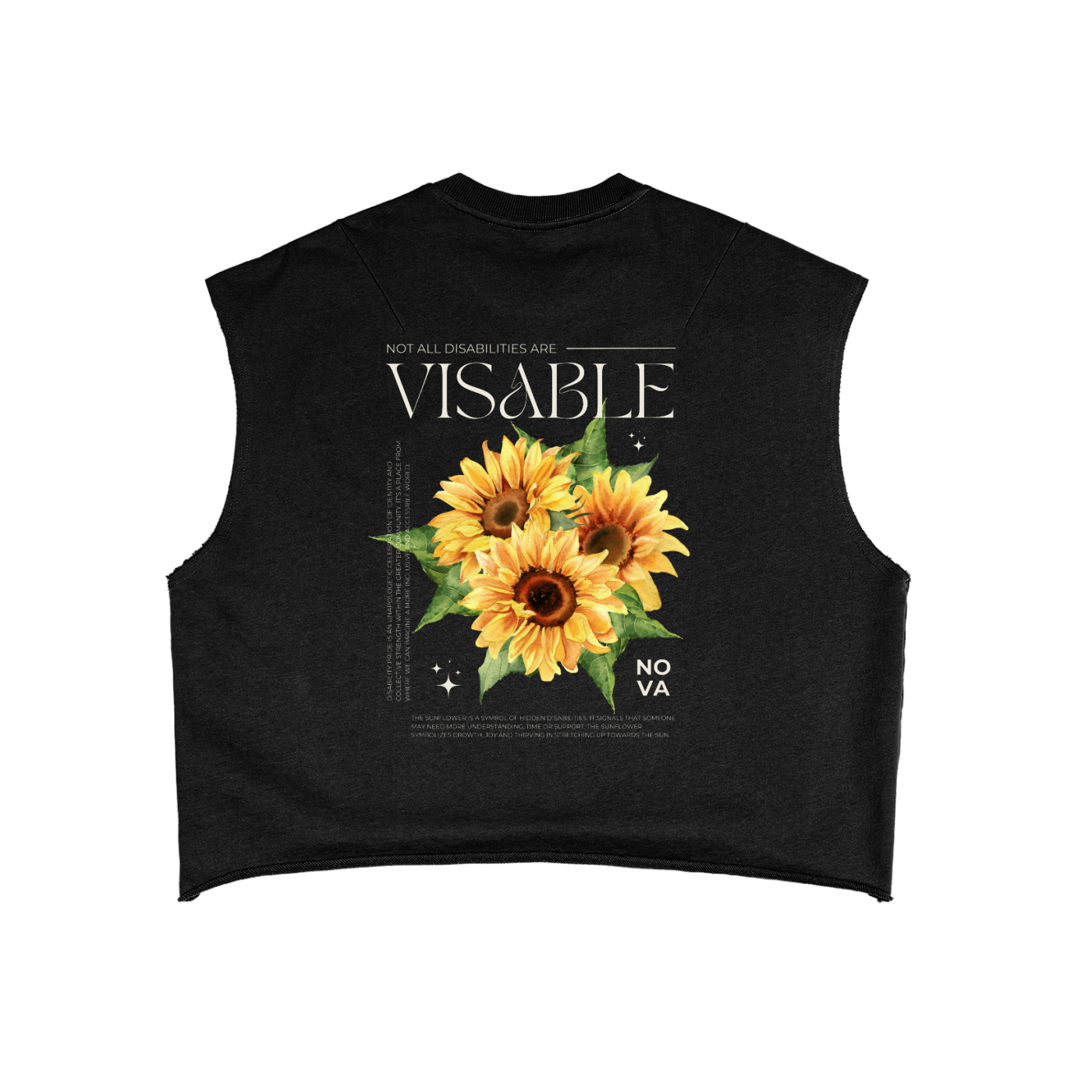 Sunflower Disability Pride Invisible Disabilities on back of Black French Terry Boxy Tank Top French Terry Boxy Tank Top