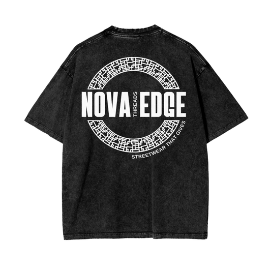 Nova Edge Threads Logo Graphic Tee Streetwear that Gives on Black Acid Wash Oversize T-Shirt - 250 GSM