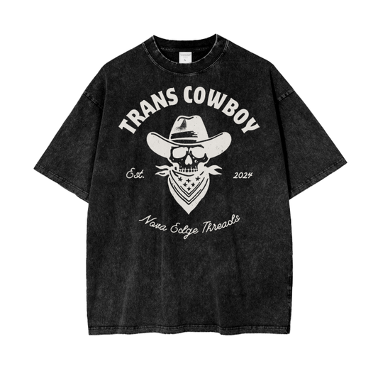 Trans Cowboy Vintage Graphic Tee Transmasc Pride on front of Black Acid Wash Oversize T-Shirt - 250 GSM