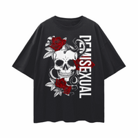 Demisexual Pride T-Shirt Skull and Roses Tattoo Inspired Design on front of Black Oversize Tee Oversize Deep Drop Shoulder Tee - 190 GSM