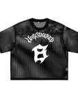 Unbothered Gothic Style 8 Ball Design on front of Black See-through Boxy Net T-Shirt See-through Boxy Net T-Shirt