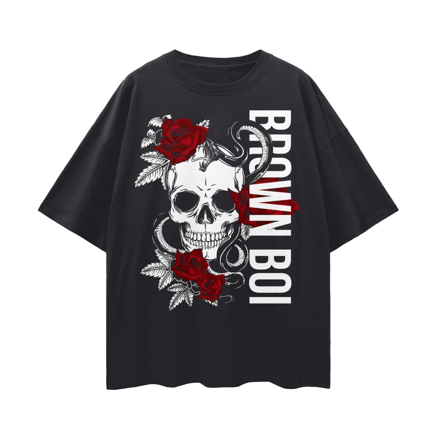 Brown Boi Pride Skull and Roses on front of Black Oversize Deep Drop Shoulder Tee Oversize Deep Drop Shoulder Tee - 190 GSM