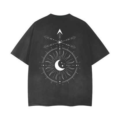 Genderqueer _ Non-Binary Gender Symbol Design Celestial Streetwear Style on Black Vintage Wash Frayed T-Shirt - 260 GSM