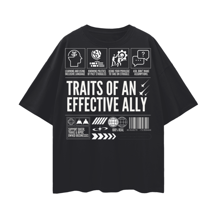 Traits of an Effective Ally Graphic Tee on front of Black Oversize Deep Drop Shoulder Tee - 190 GSM