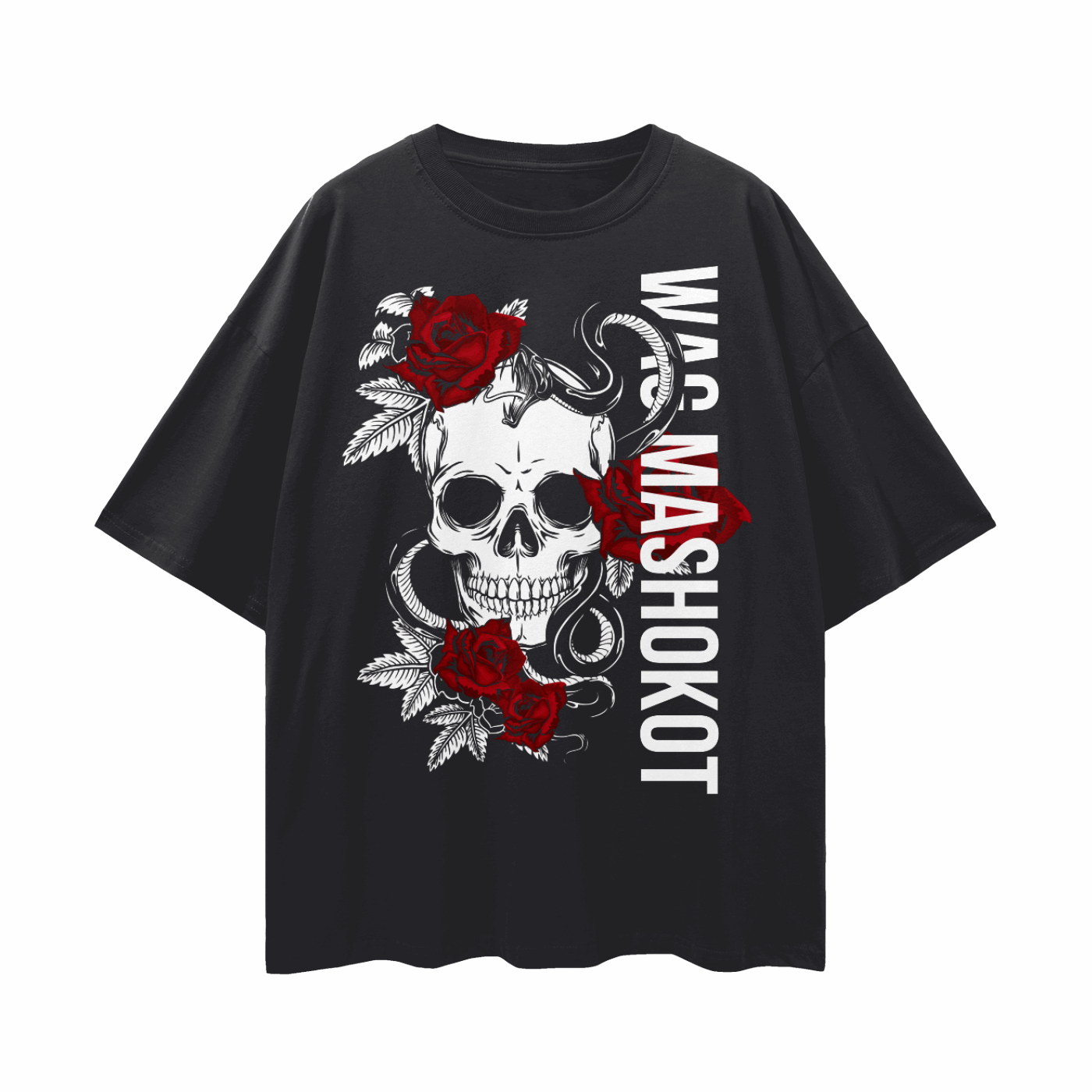 Wag Mashokot T-Shirt Have no fear Skull & Roses on front of Black Oversize Tee Oversize Deep Drop Shoulder Tee - 190 GSM
