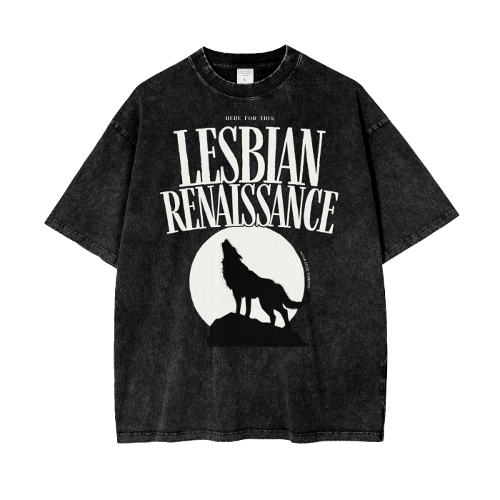 Here for this Lesbian Renaissance Wolf Howling Graphic Tee on front of Black Acid Wash Oversize T-Shirt - 250 GSM