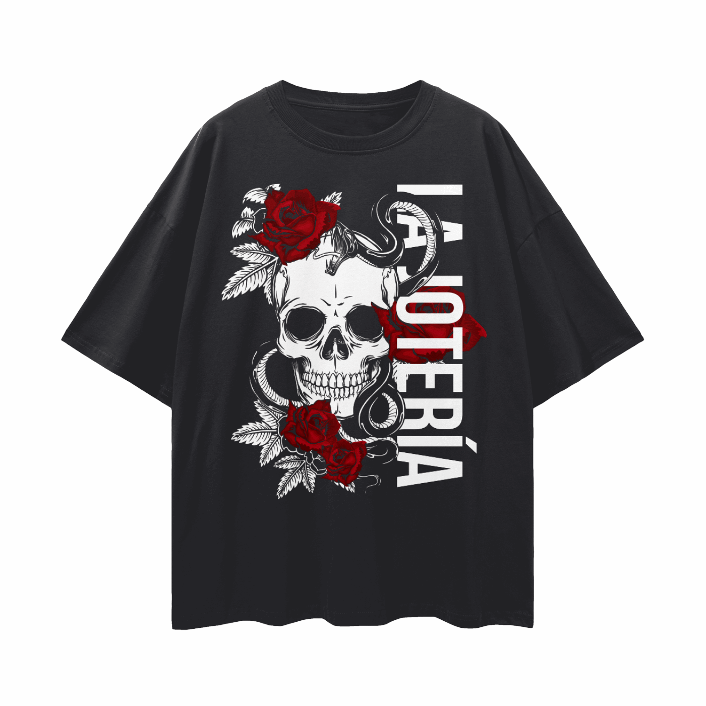 La Jotería Reclaimed Gay Pride Skull & Roses on front of Black Oversize Tee Oversize Deep Drop Shoulder Tee - 190 GSM