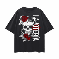 La Jotería Reclaimed Gay Pride Skull & Roses Tattoo Inspired Design on front of Black Oversize Tee Oversize Deep Drop Shoulder Tee - 190 GSM