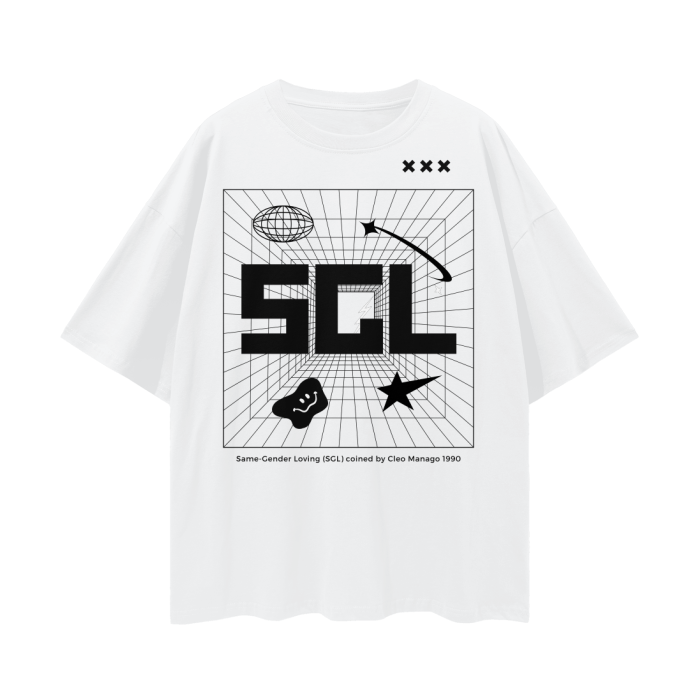 SGL Pride T-Shirt Intersectional Same Gender Loving Black Community Tee Streetwear on front of White Oversize Deep Drop Shoulder Tee - 190 GSM