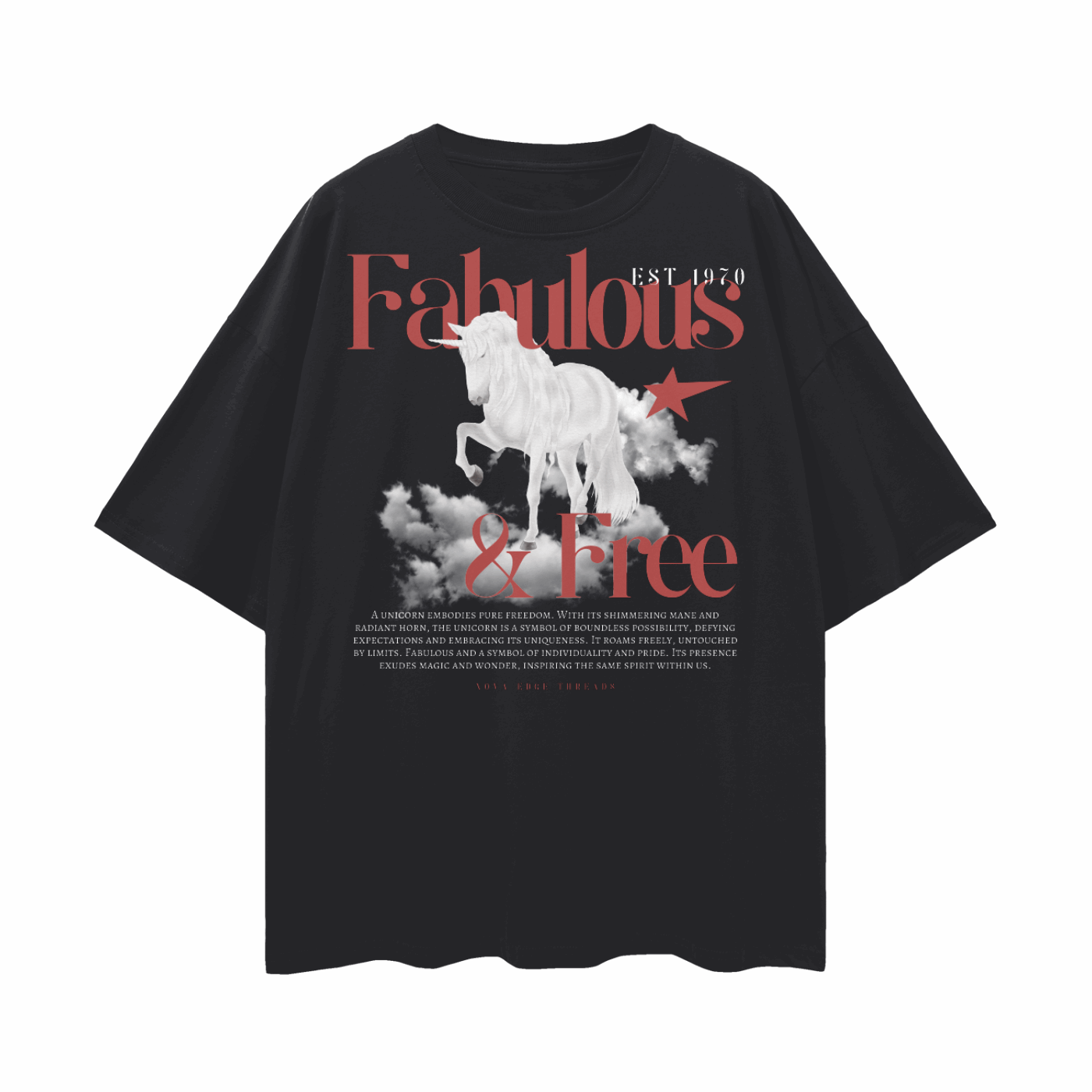 Fabulous & Free Unicorn Graphic Tee Streetwear LGBTQIA+ Pride on back of Black Oversize Deep Drop Shoulder Tee