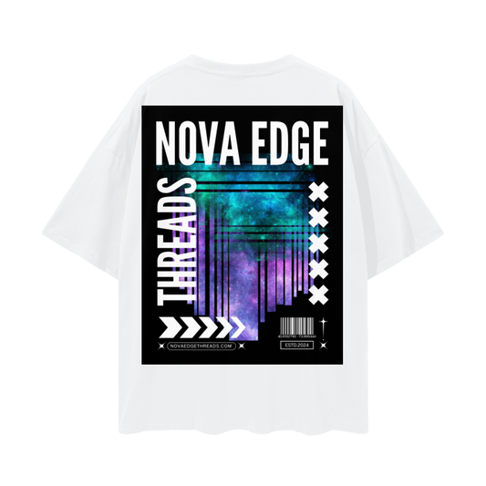 Nova Edge Threads Pink Blue Purple Team Galaxy Graphic Tee LGBTQIA2S+ Pride on back of White Oversize Deep Drop Shoulder Tee - 190 GSM