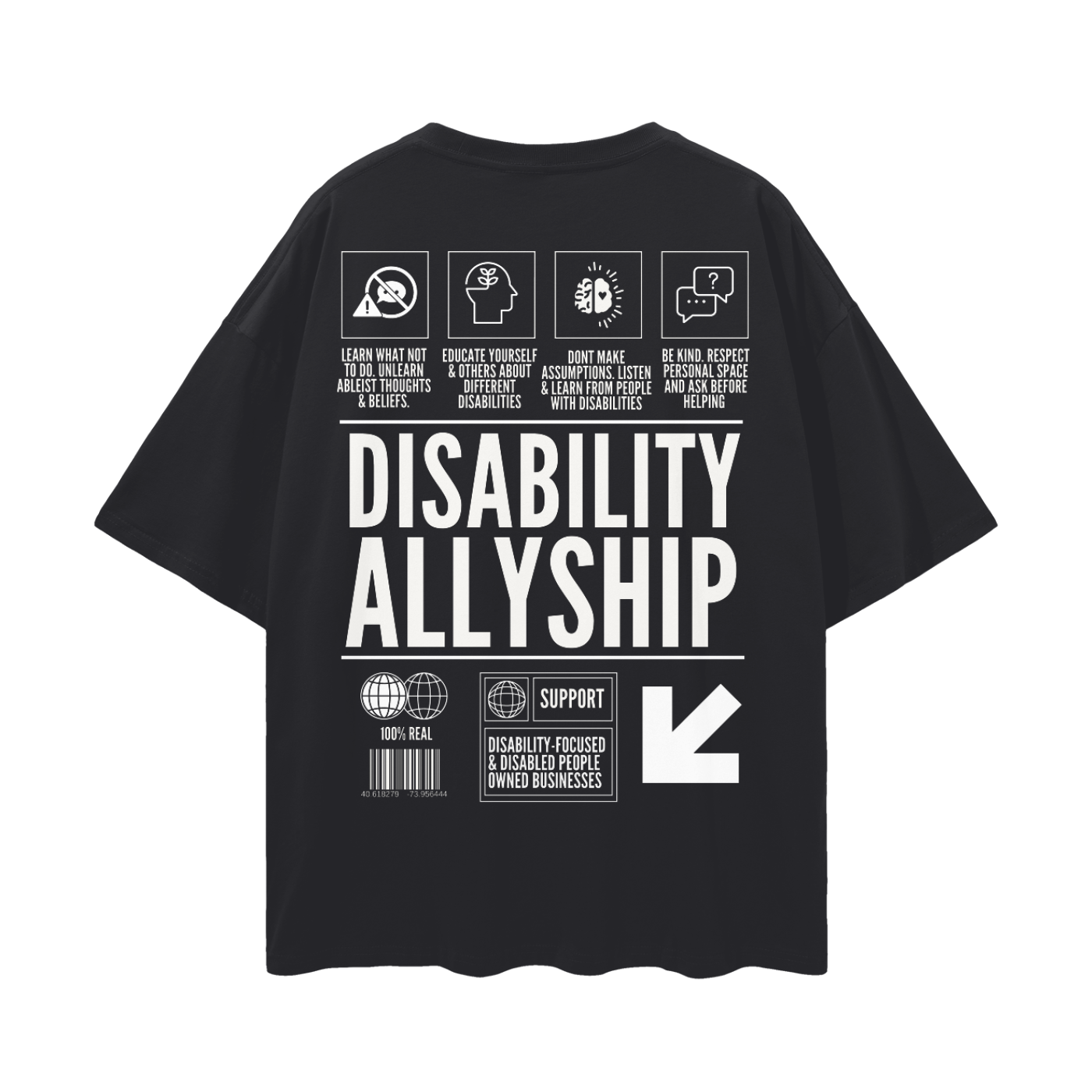 Disability Allyship T-Shirt with Streetwear Style and 4 pillars of action. Black and White Cool Oversized Tee