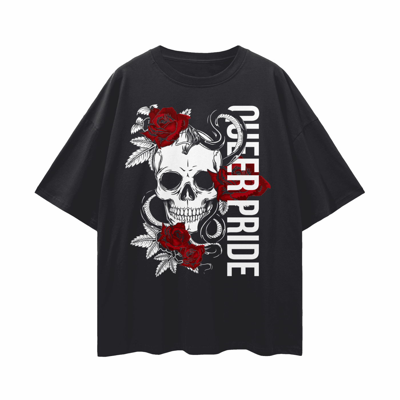 Queer Pride T-Shirt Skull and Roses Tattoo Inspired Design on front of Black Oversize Tee Oversize Deep Drop Shoulder Tee - 190 GSM