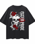 Queer Pride T-Shirt Skull and Roses Tattoo Inspired Design on front of Black Oversize Tee Oversize Deep Drop Shoulder Tee - 190 GSM