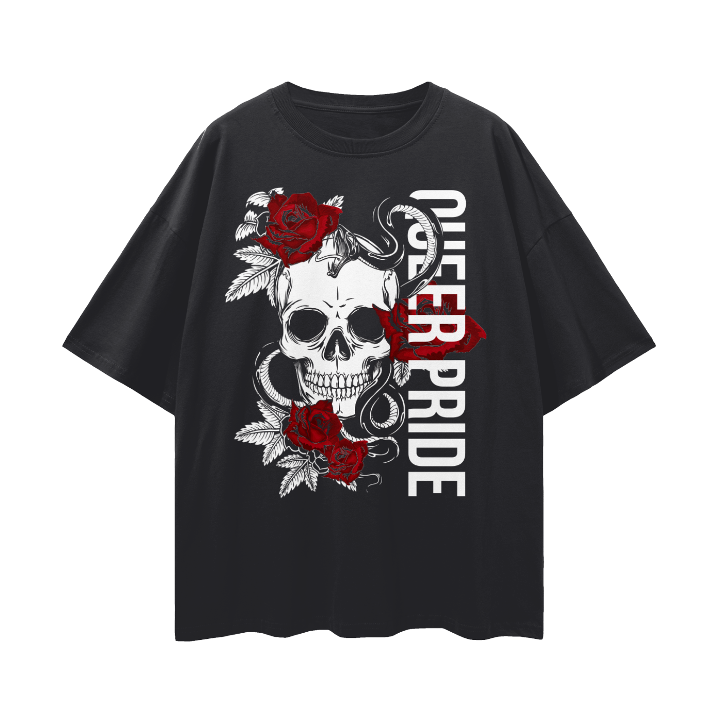 Queer Pride T-Shirt Skull and Roses Tattoo Inspired Design on front of Black Oversize Tee Oversize Deep Drop Shoulder Tee - 190 GSM