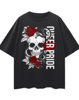 Queer Pride T-Shirt Skull and Roses Tattoo Inspired Design on front of Black Oversize Tee Oversize Deep Drop Shoulder Tee - 190 GSM