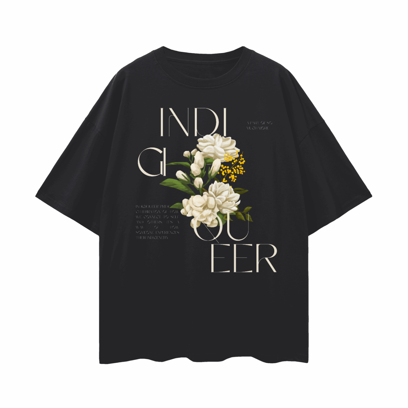Indigiqueer Pride Vintage Flowers front Graphic on Black Oversize Deep Drop Shoulder Tee