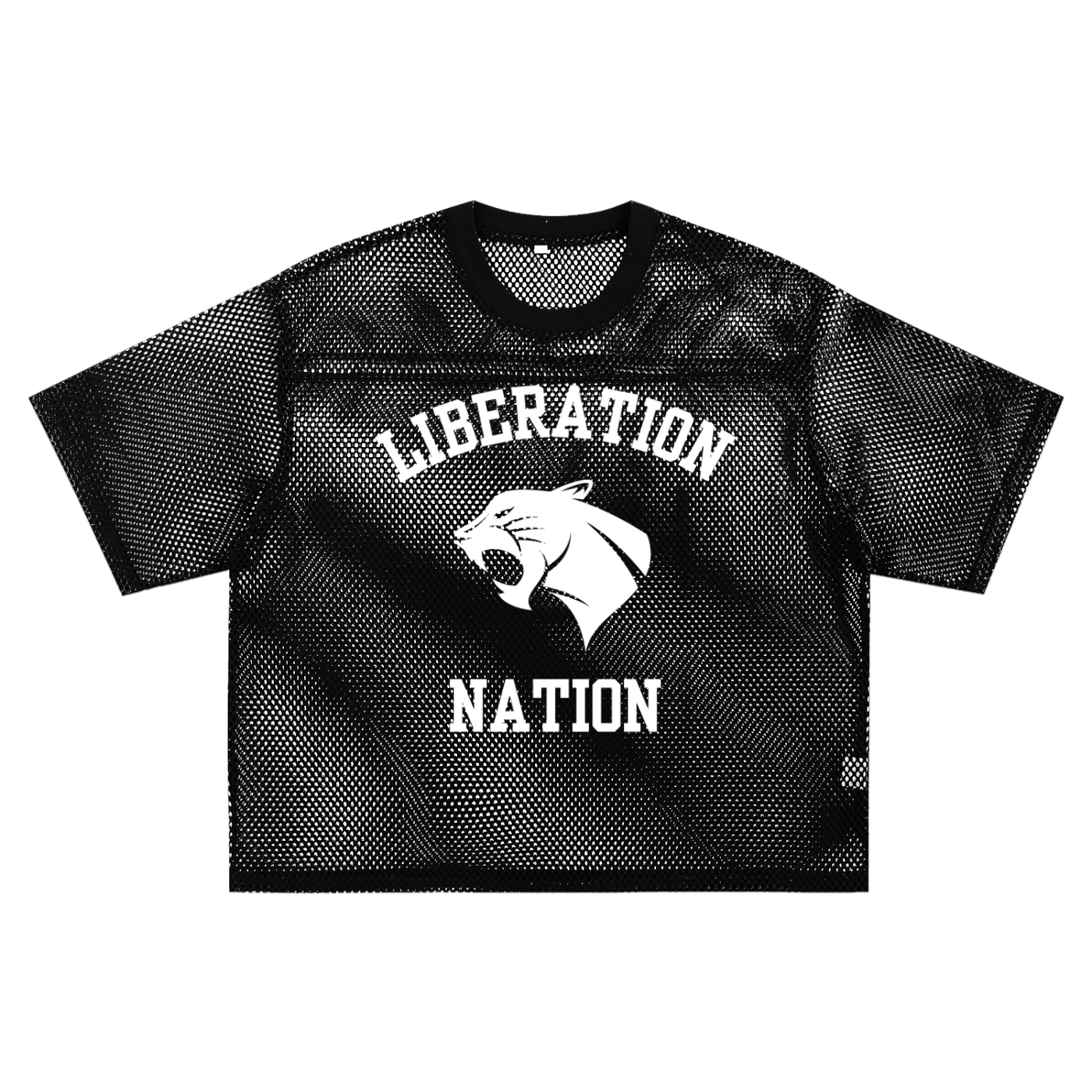 Liberation Nation Panther Design on front of Black See-through Boxy Net T-Shirt See-through Boxy Net T-Shirt