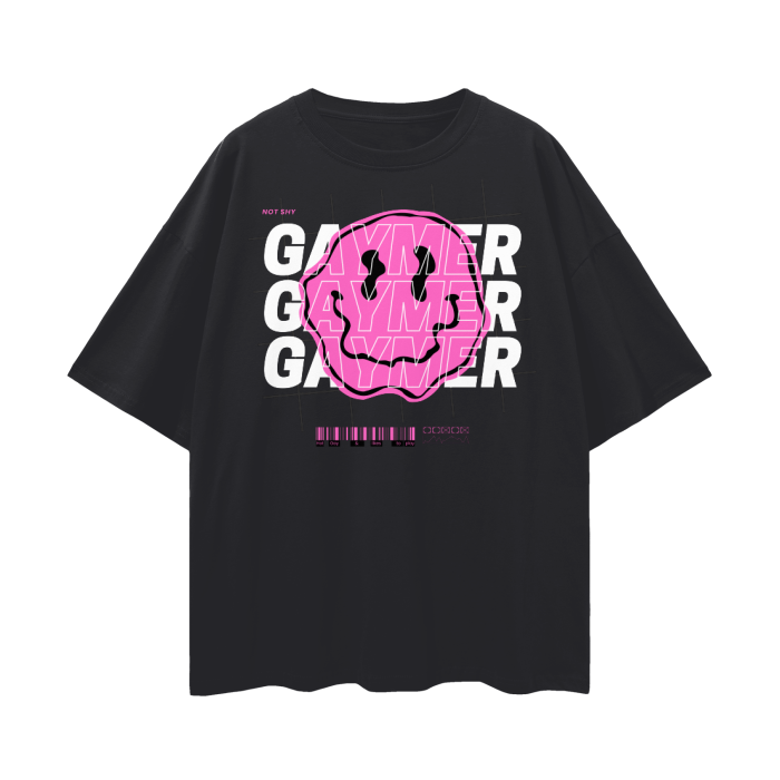 Gaymer Graphic Tee Pink Smiley Face Pride T-Shirt Black Oversize Deep Drop Shoulder Tee - 190 GSM