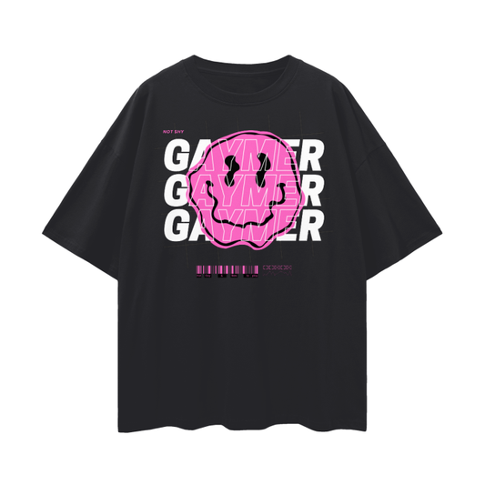 Gaymer Graphic Tee Pink Smiley Face Pride T-Shirt Black Oversize Deep Drop Shoulder Tee - 190 GSM