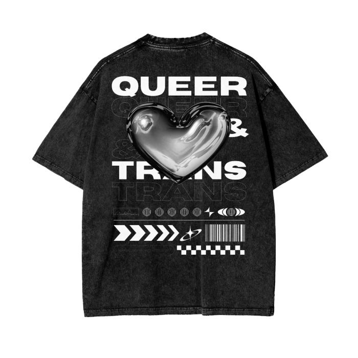 Queer & Trans Pride Tee Streetwear Style Graphic T-Shirt on Black Acid Wash Oversize T-Shirt - 250 GSM