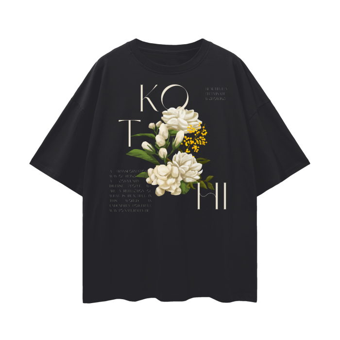 Kothi Pride T-shirt Vintage Flowers Feminine Indian Pride Graphic on front of Black Oversize Deep Drop Shoulder Tee - 190 GSM