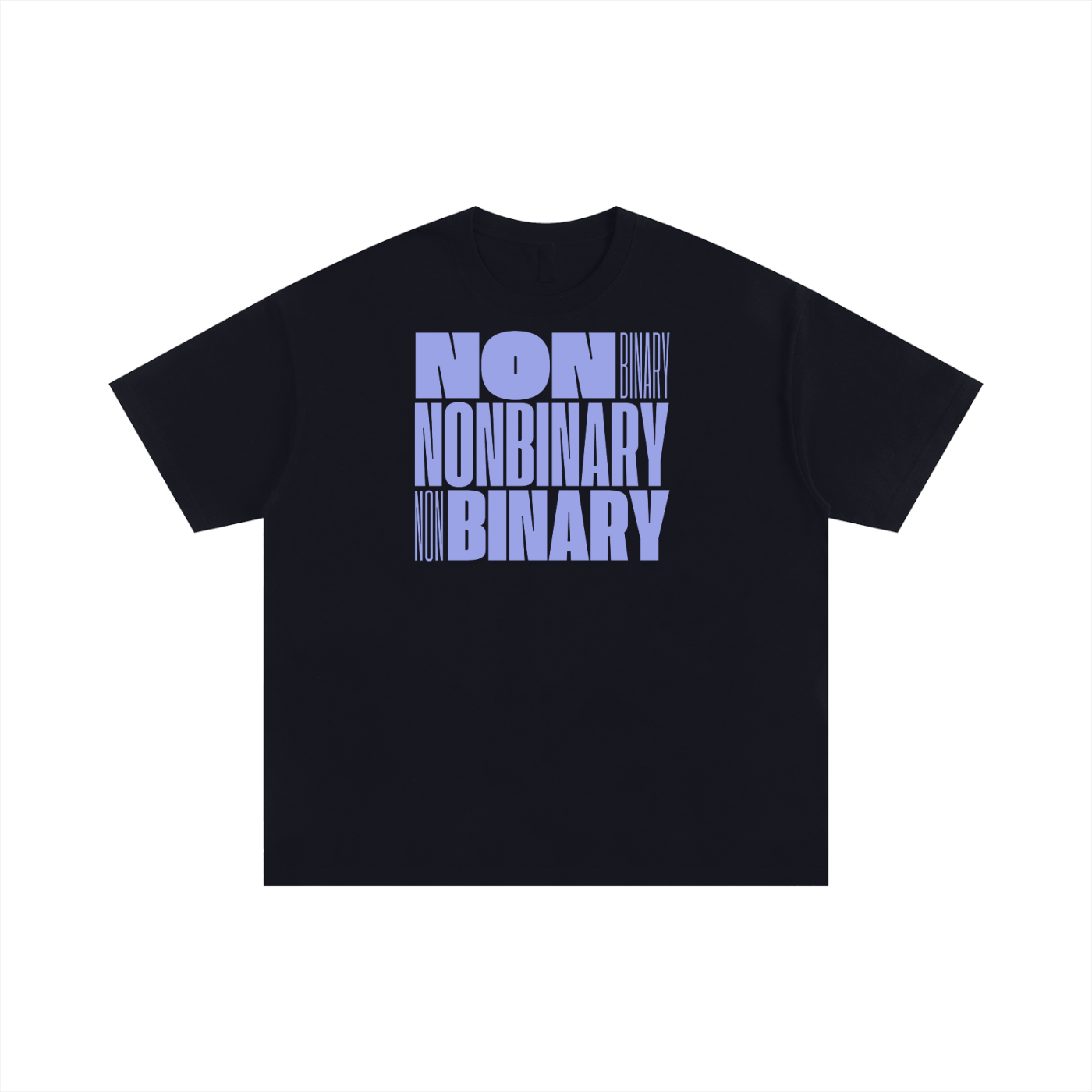 Non Binary Pride Shirt Lavender Word Block Art front of Black Size Inclusive Oversize Tee Size Inclusive Oversize Tee