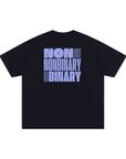 Non Binary Pride Shirt Lavender Word Block Art front of Black Size Inclusive Oversize Tee Size Inclusive Oversize Tee