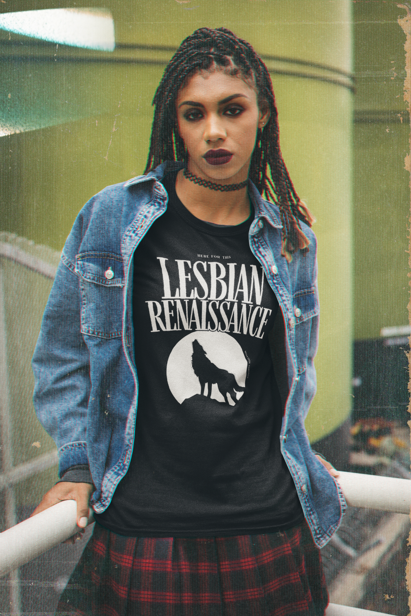 Here for this Lesbian Renaissance Wolf Howling Graphic Tee on front of Black Acid Wash Oversize T-Shirt - 250 GSM