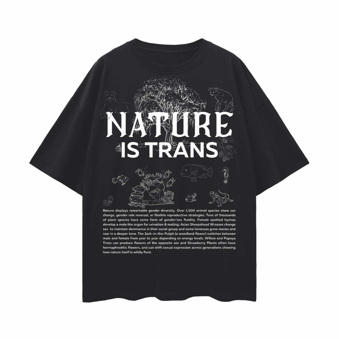 Nature is Trans Sketch Graphic Pride Shirt Black Oversize Deep Drop Shoulder Tee Oversize Deep Drop Shoulder Tee - 190 GSM
