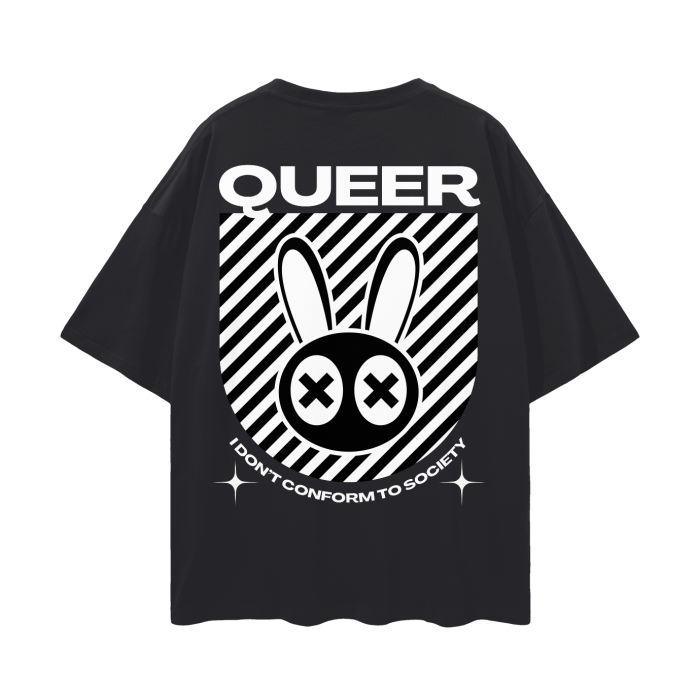 Queer Graphic Tee I Don't Conform to Society on Black Oversize Deep Drop Shoulder Tee - 190 GSM