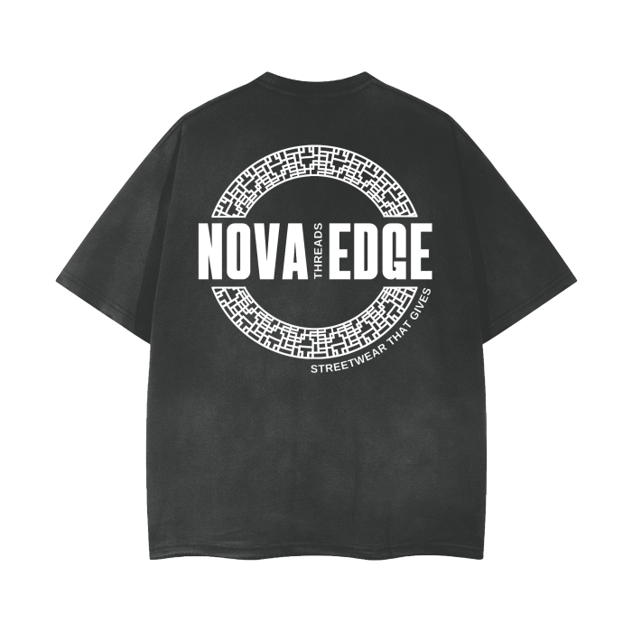 Nova Edge Threads Logo Streetwear Tee on Black Gray Vintage Wash Frayed T-Shirt - 260 GSM