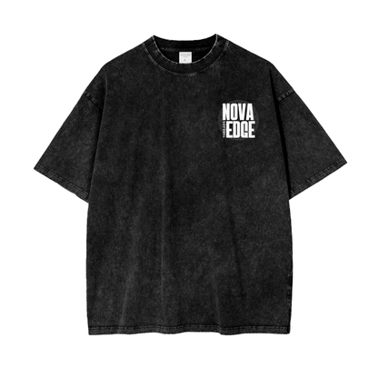 Nova Edge Threads Logo Graphic Tee Streetwear that Gives on Black Acid Wash Oversize T-Shirt - 250 GSM