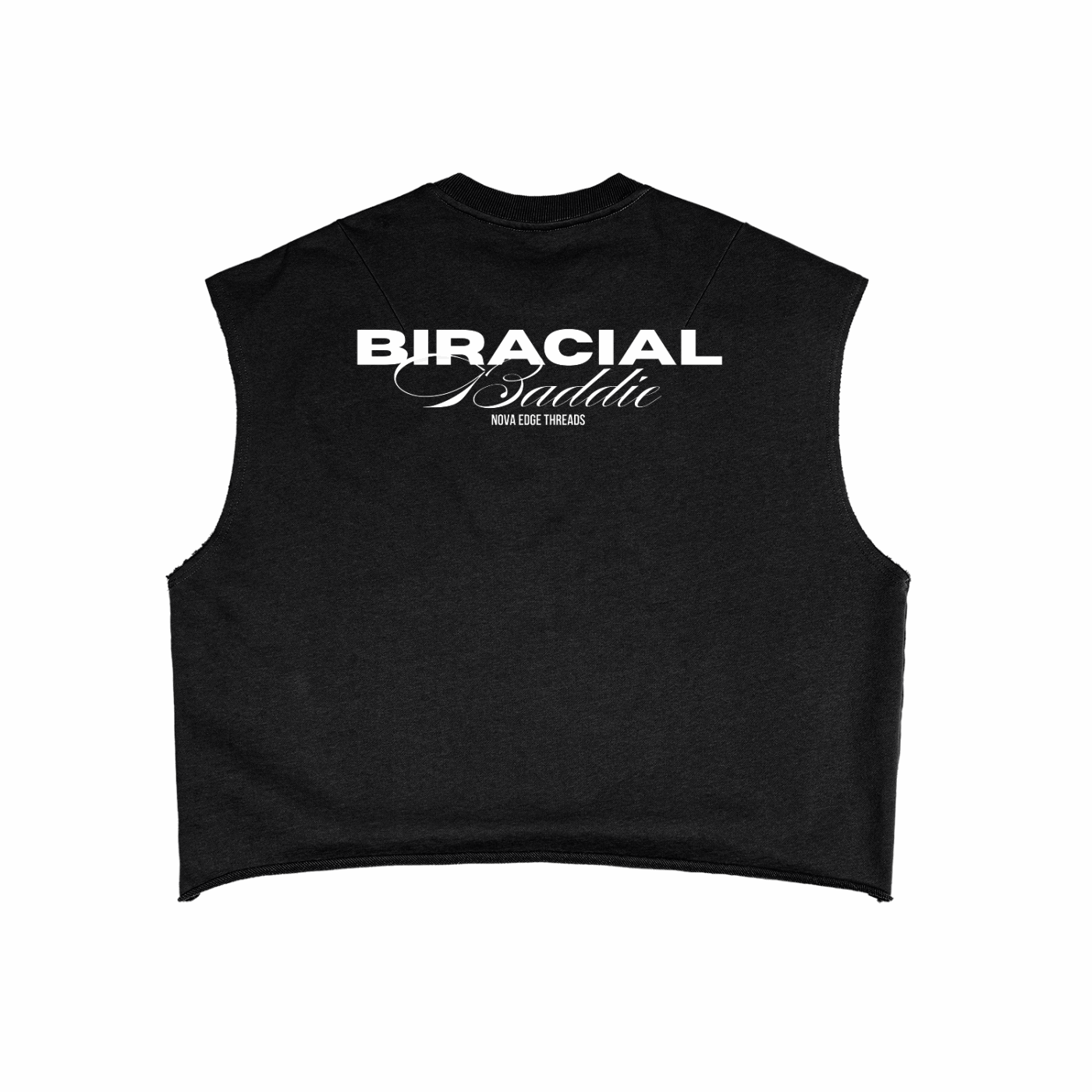 Biracial Baddie Minimal Word Design on Back of Black French Terry Boxy Tank Top