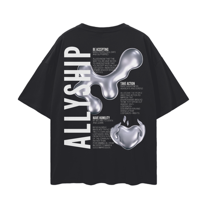 Allyship Graphic Tee Chrome Heart on Black Oversize Deep Drop Shoulder Tee - 190 GSM