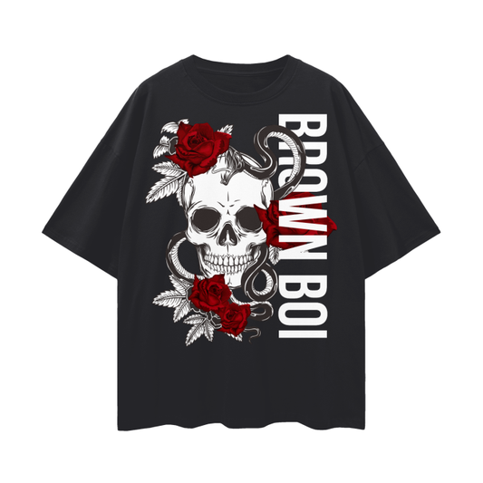 Brown Boi Skull and Red Roses Graphic Chicano Streetwear Style on Front of Black Oversize Deep Drop Shoulder Tee - 190 GSM