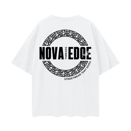 Nova Edge Threads Logo Graphic Tee on White Oversize Deep Drop Shoulder Tee - 190 GSM