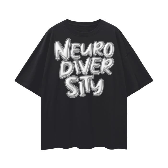 Neurodiversity Bubble Letter T-Shirt Disability Pride Tee on Black Oversize Deep Drop Shoulder Tee - 190 GSM