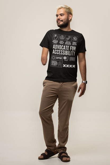 Advocate for Accessibility Graphic T-Shirt Disability Pride Streetwear Fashion on front of Black Oversize Deep Drop Shoulder Tee - 190 GSM