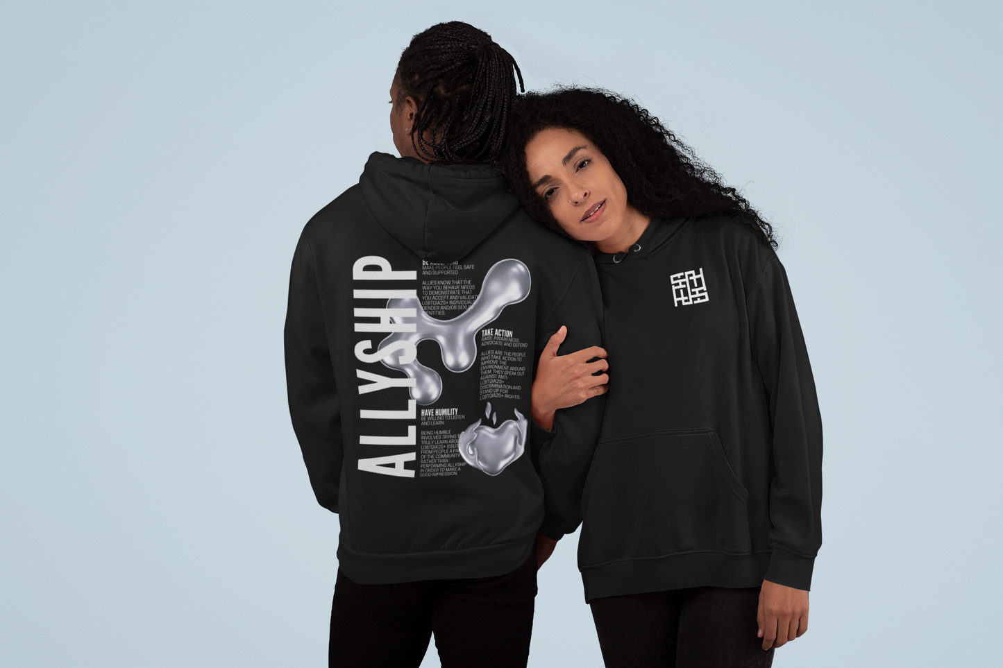 Allyship Graphic on Back of Black Sweatshirt Eco Raglan Hoodie