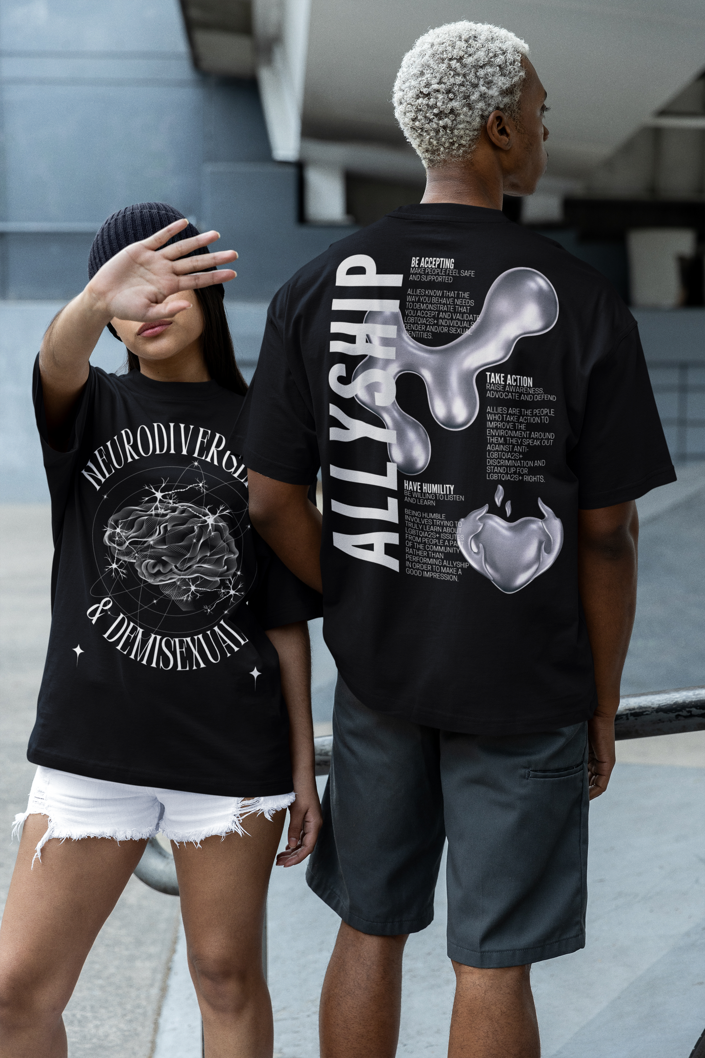 Allyship Graphic Tee Chrome Heart on Black Oversize Deep Drop Shoulder Tee - 190 GSM