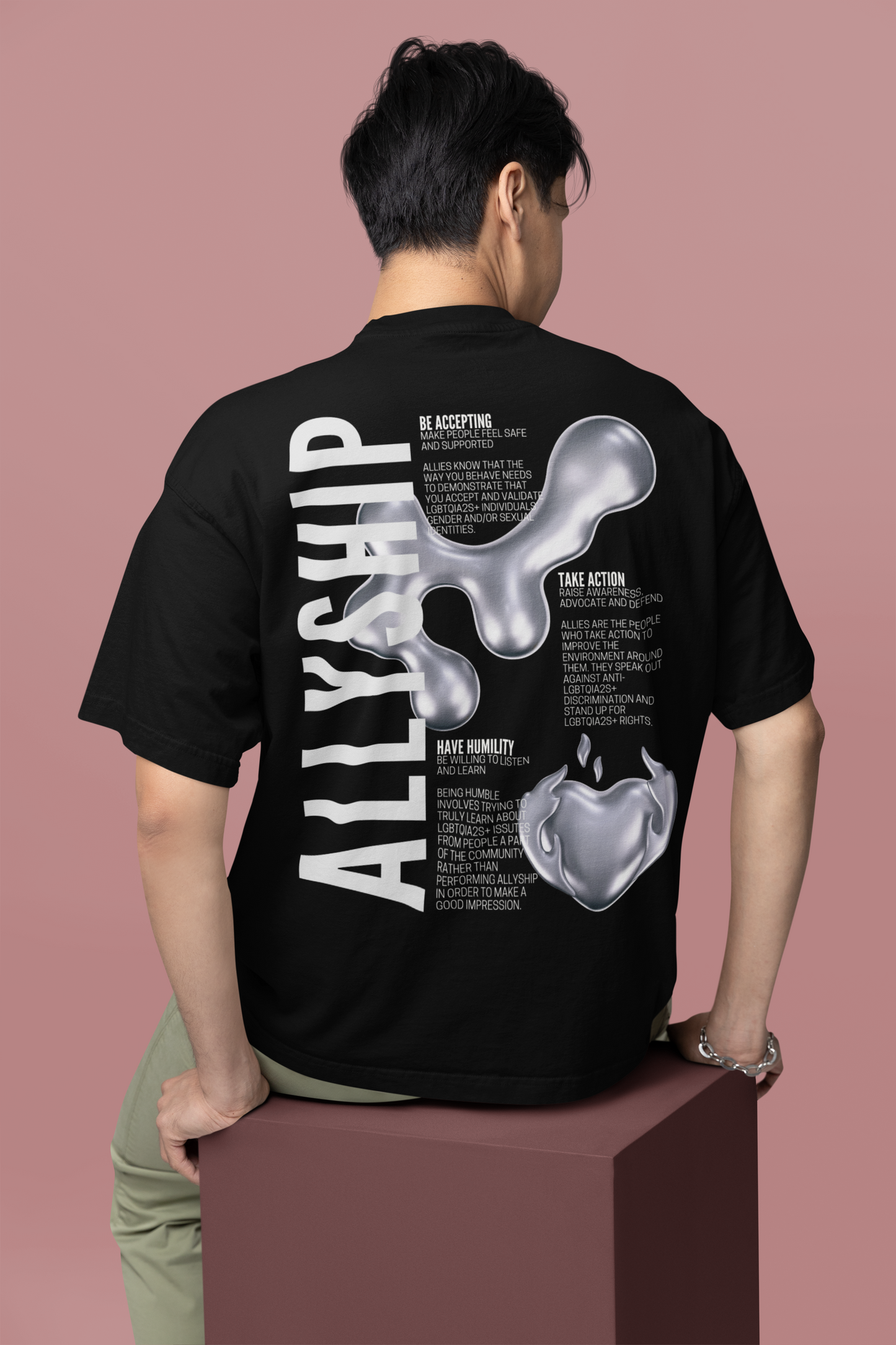 Allyship Graphic Tee Chrome Heart on Black Oversize Deep Drop Shoulder Tee - 190 GSM