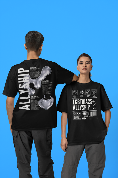 Allyship Graphic Tee Chrome Heart on Black Oversize Deep Drop Shoulder Tee - 190 GSM