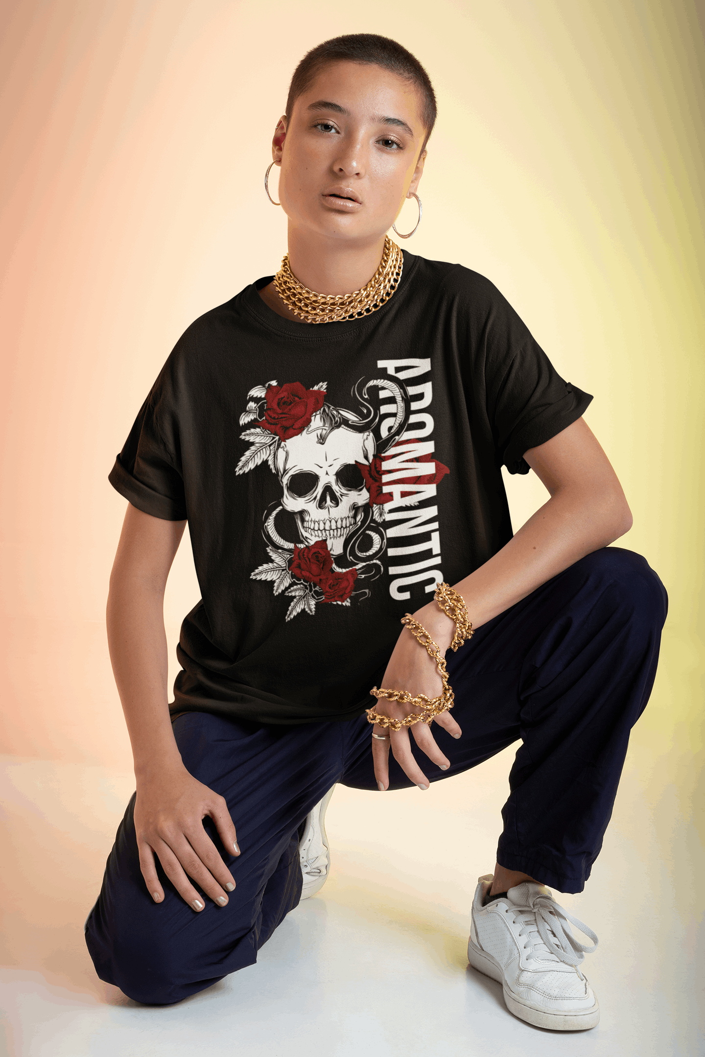 Aromantic Pride T-Shirt Skull and Roses Design on front of black Oversize Deep Drop Shoulder Tee Oversize Deep Drop Shoulder Tee - 190 GSM