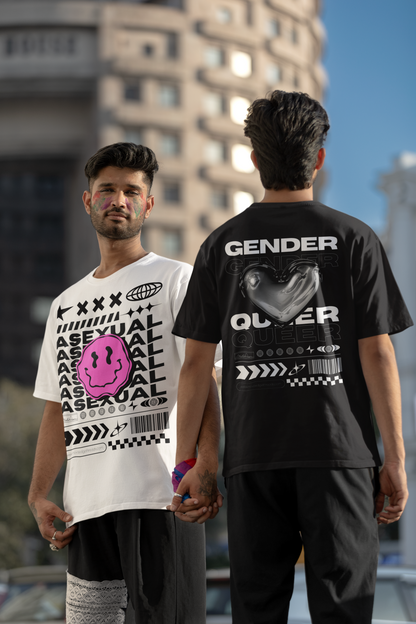 Genderqueer Pride T-Shirt Streetwear Gear Chrome Heart Gender Queer on Black Oversize Deep Drop Shoulder Tee - 190 GSM