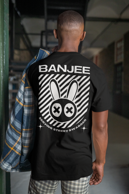 Banjee Mad Rabbit Graphic Tee Streetwear Style Ballroom Culture Origin for that Urban Street Swagger on back of Black Oversize Deep Drop Shoulder Tee - 190 GSM